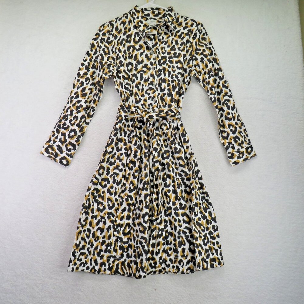 J Crew Dress Womens 4 Leopard Belted Long Sleeve Button Front Cotton‎ A5328